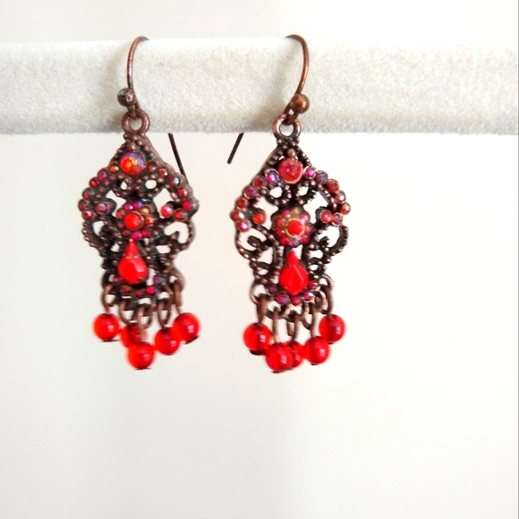 Red Beaded Bronze Tone Drop Earrings - Picture 1 of 3